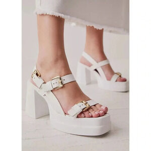 New Free People Pamela Double Stack Platform Heel Sandal Buckle White Gold